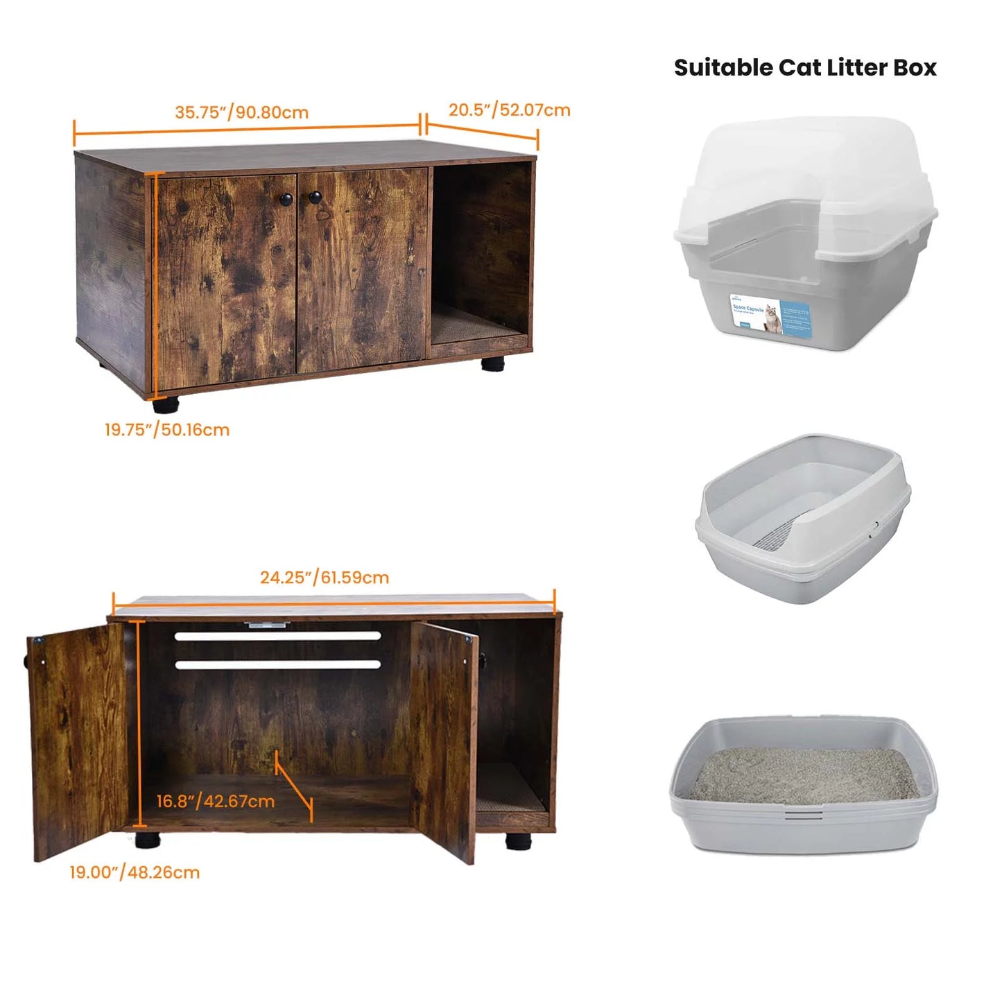 Large Cat Litter Box Enclosure, Litter Box Furniture, Brown, 35.8X20.47X19.88"