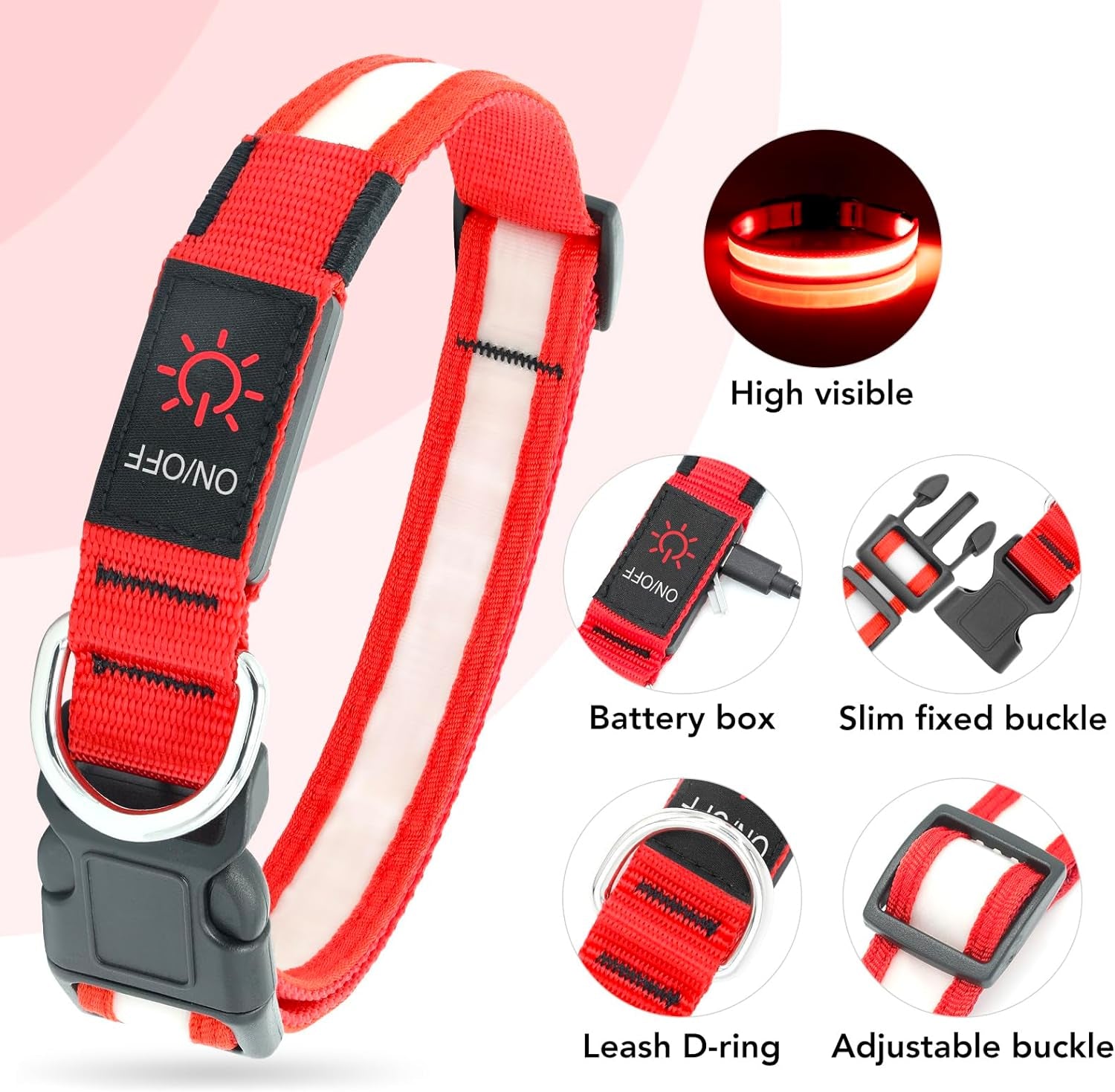 LED Dog Collar, Light up Dog Collar Adjustable USB Rechargeable Super Bright Safety Light Glowing Collars for Dogs